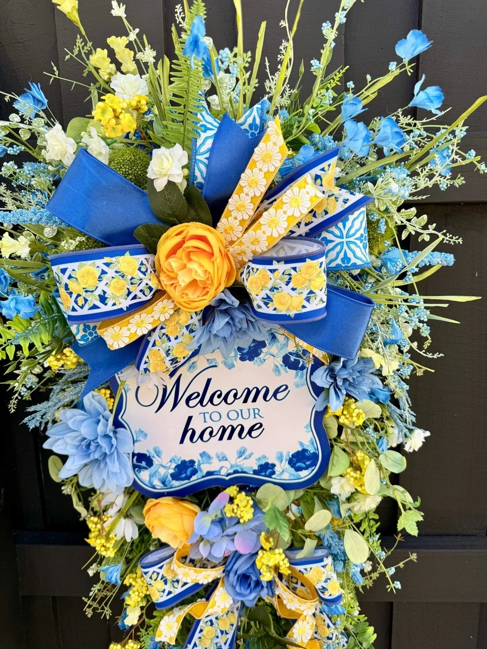 Hand Crafted Blue and Yellow Welcome Home Door Wreath